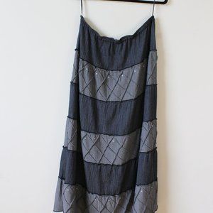 Y2K Vintage Denim Patchwork + Rhinestone Maxi Skirt 32"W